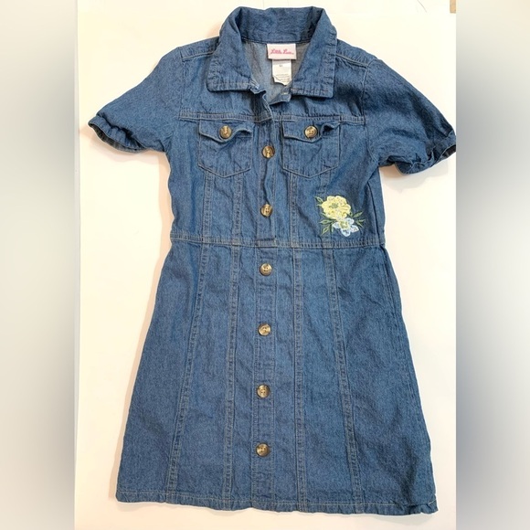 Girls 6X Little Lass Button Down Denim Dress Embroidered Flowers - Picture 1 of 5